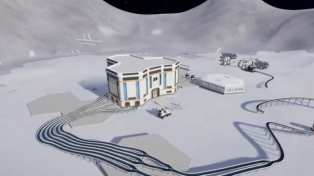 Moon Sweepers base seen from above with conveyor lines running from collection points toward a central depot