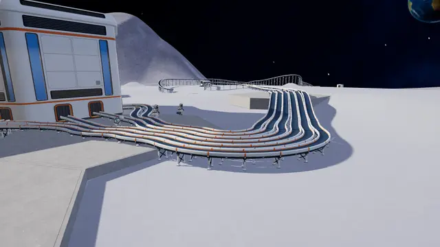 Multiple parallel conveyor belts curving across the lunar surface in Moon Sweepers