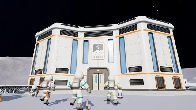 Four Moon Sweepers astronauts walking toward a lunar station carrying brushes and a vacuum