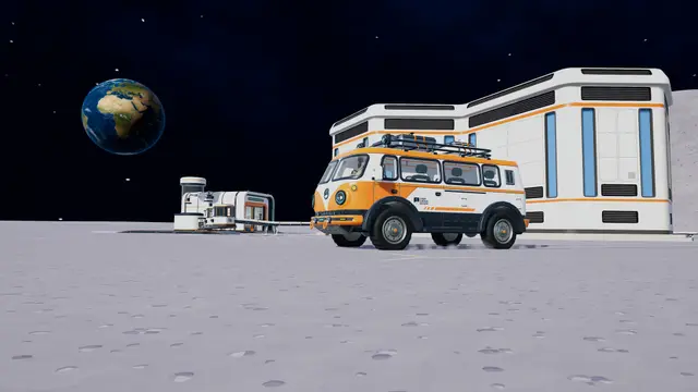 Orange and white crew transport van parked outside a lunar base in Moon Sweepers