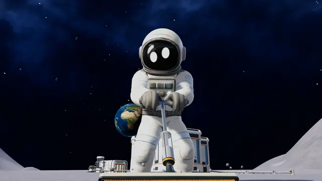 Moon Sweepers key art showing an astronaut holding a large brush on the Moon with Earth behind