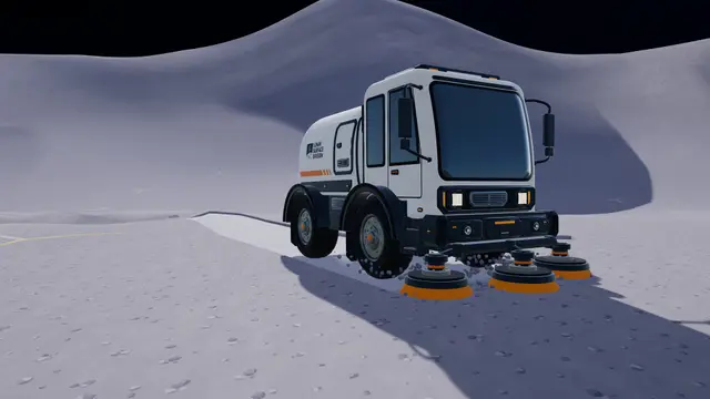 The Lunar Sweeper vehicle in Moon Sweepers showing three orange rotary brushes cleaning a wide path