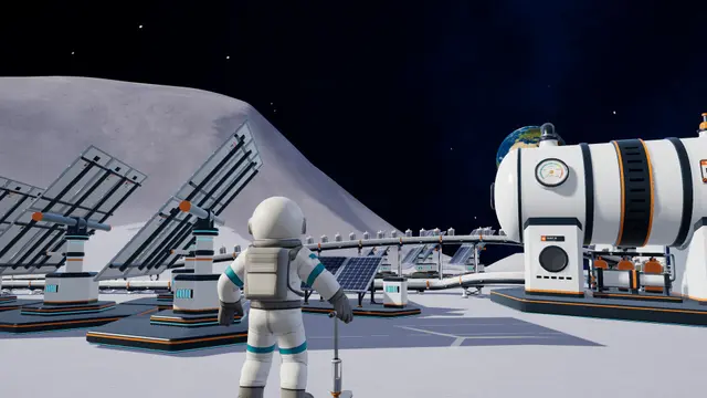 Moon Sweepers astronaut standing among processing machines and solar panels on the lunar surface