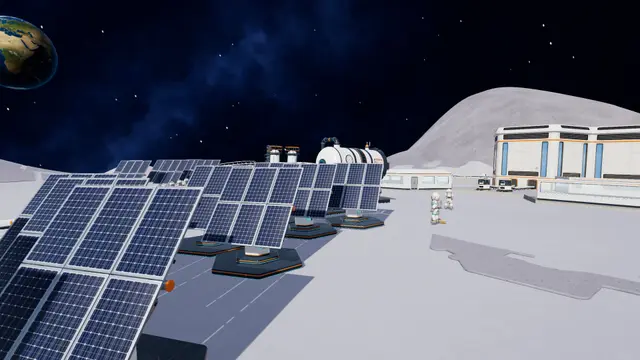 Large array of solar panels and processing machinery in Moon Sweepers, the kind of late-game base that stresses a PC